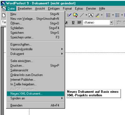 Anlegen eines neuen
      XML-Dokuments in WordPerfect